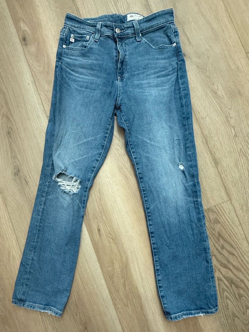 AG Women's Light Blue High-Rise, Slim Straight Jeans with Knee Rip
